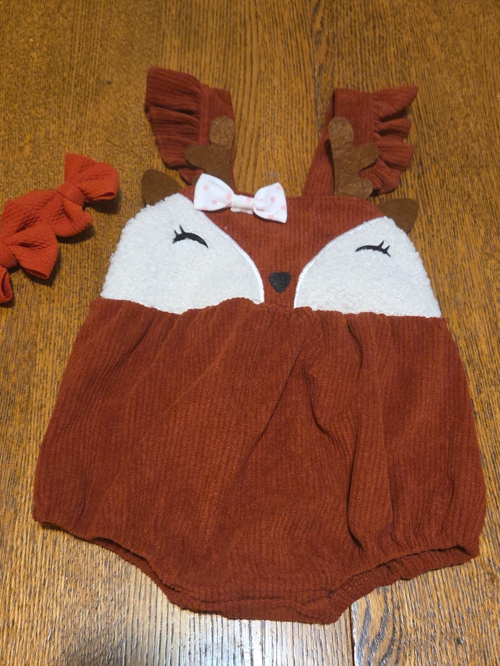 Girls Rust Deer Romper with Piggie Bows 18 Mo.
